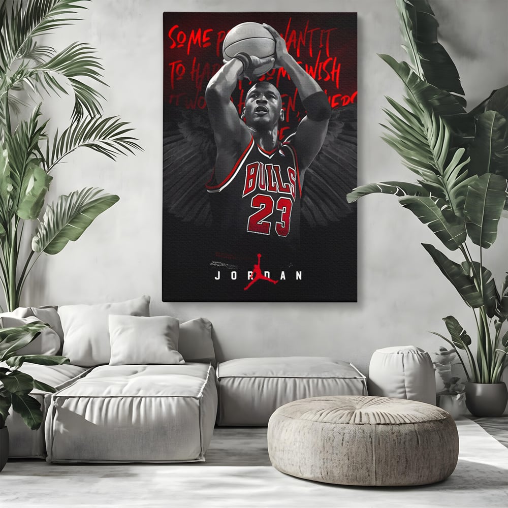 Tablou canvas cu tablou canvas cu michael jordan in actiune, fara rama, pe sasiu de lemn, pe perete intr-un living